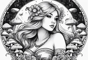 Blonde chubby Girl surrounded by mushrooms crescent moon background tattoo idea