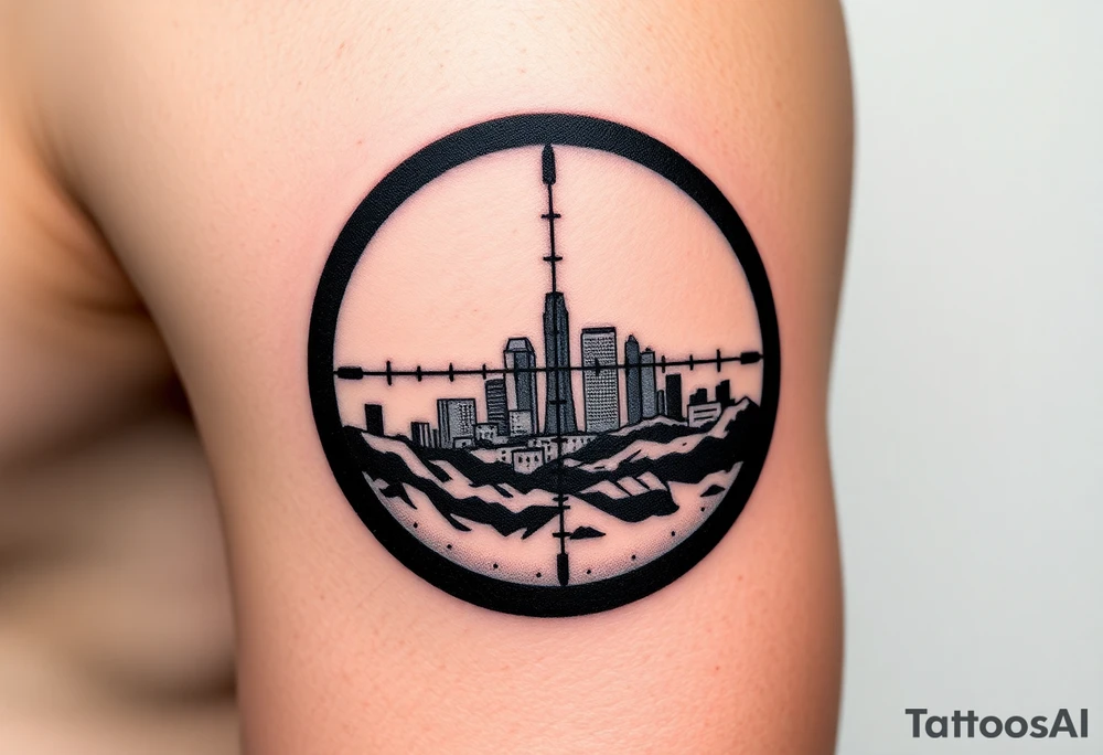 scope crosshairs with eerie Los Angeles city horizon in background tattoo idea