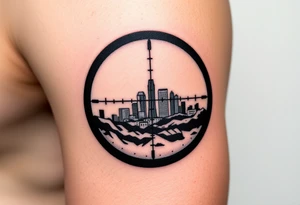 scope crosshairs with eerie Los Angeles city horizon in background tattoo idea
