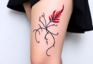 Elegant tattoo design featuring red sea plume seaweed, graceful flowing tendrils, watercolor style with red accents, wrapping around calf, organic movement, marine botanical art” tattoo idea