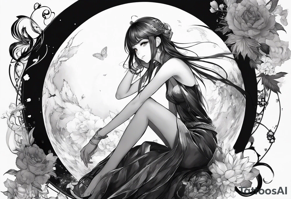 an anime girl sitting on a sphere, staring front tattoo idea an anime girl sitting on a sphere, staring front tattoo idea