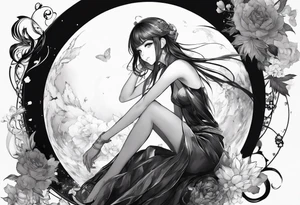 an anime girl sitting on a sphere, staring front tattoo idea