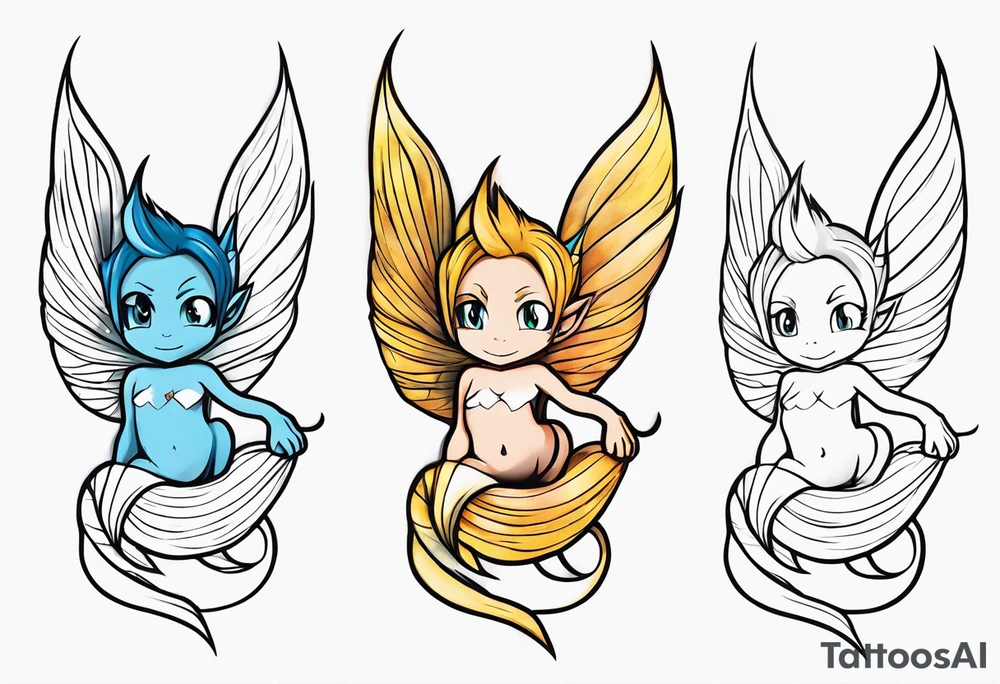 A fairy with a tail inspired by the logo of the show called Fairy Tail in a fetal position leaning in tattoo idea