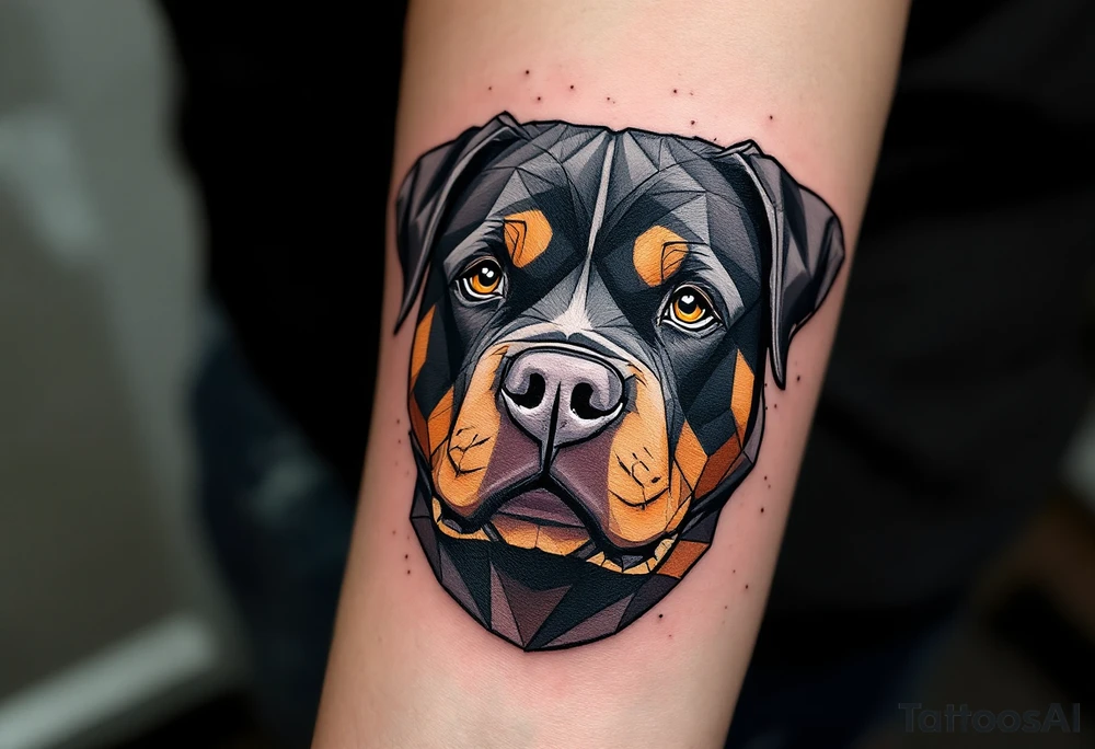 Geometric Rottweiler Head – A stylized Rottweiler head with clean black geometric lines and a splash of dark orange and tan watercolor accents. tattoo idea