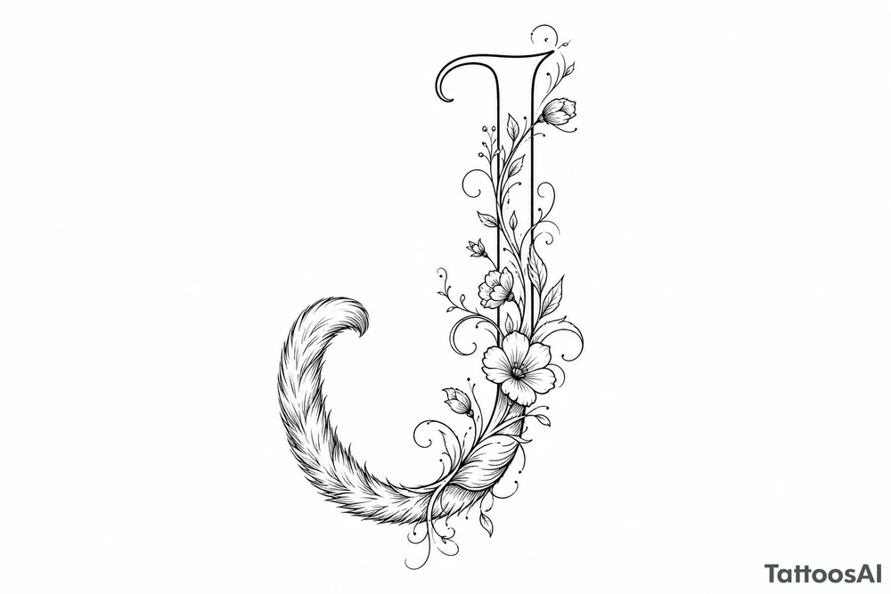 Single line drawing of a J transforming into a cat's tail with floral accents. tattoo idea