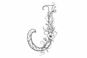 Single line drawing of a J transforming into a cat's tail with floral accents. tattoo idea