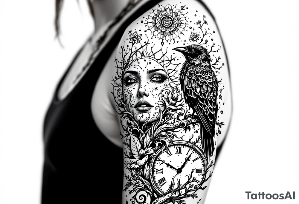 left arm tattoo of a raven mandala on a branch next to a clock face tattoo idea