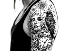 left arm tattoo of a raven mandala on a branch next to a clock face tattoo idea