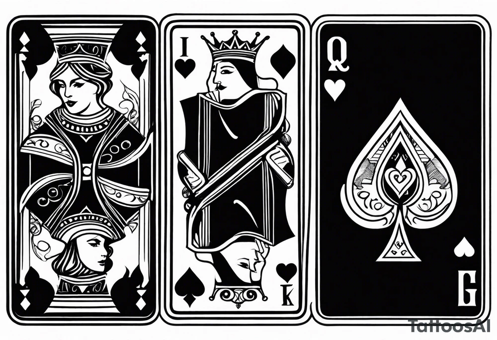 one playing card with both queen of hearts and king of spades incorporated in extreme minimalistic  style tattoo idea