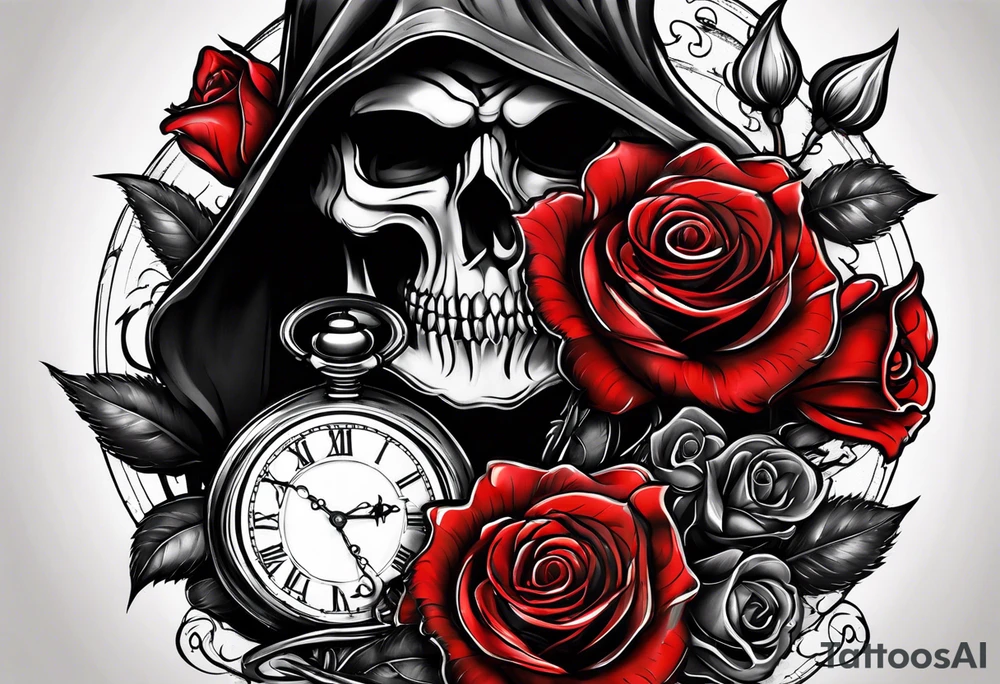 Reaper with roses and pocket watch tattoo idea