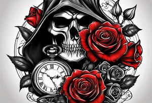 Reaper with roses and pocket watch tattoo idea