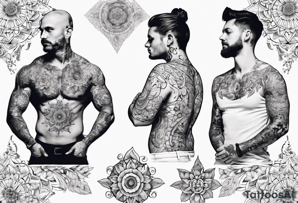 man with tattoos on both arms. from shoulder to elbow , each tattoo with beautiful women mixed with mandalas tattoo idea