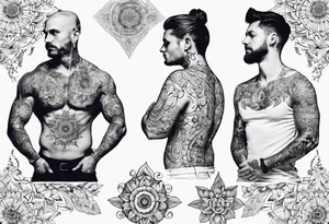 man with tattoos on both arms. from shoulder to elbow , each tattoo with beautiful women mixed with mandalas tattoo idea