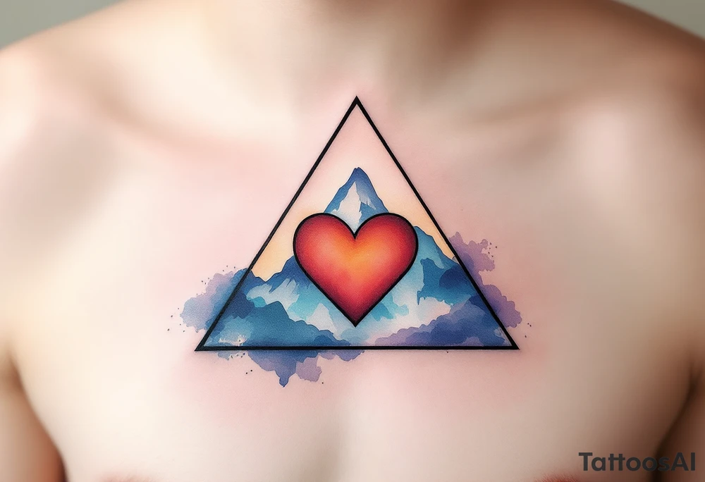 A triangle with a big heart in the cente with a mountain theme tattoo idea