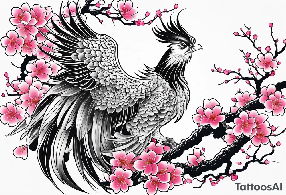 traditional Japanese phoenix and pink cherry blossoms blank background no clipped edges tattoo idea