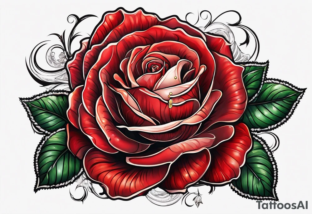 Red rose with a pearl necklace tattoo idea