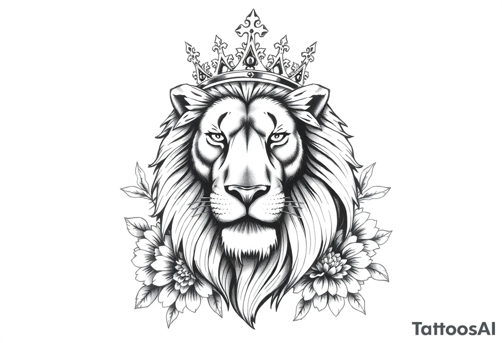 powerful majestic lion with a crown, surrounded by dahlia ornaments tattoo idea