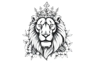 powerful majestic lion with a crown, surrounded by dahlia ornaments tattoo idea