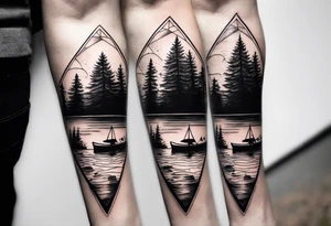 Triangular forearm tattoo set on a lake. At the bottom of the triangle there is a boat dock with a little boy fishing and a little girl reading. There are trees surrounding the lake. tattoo idea