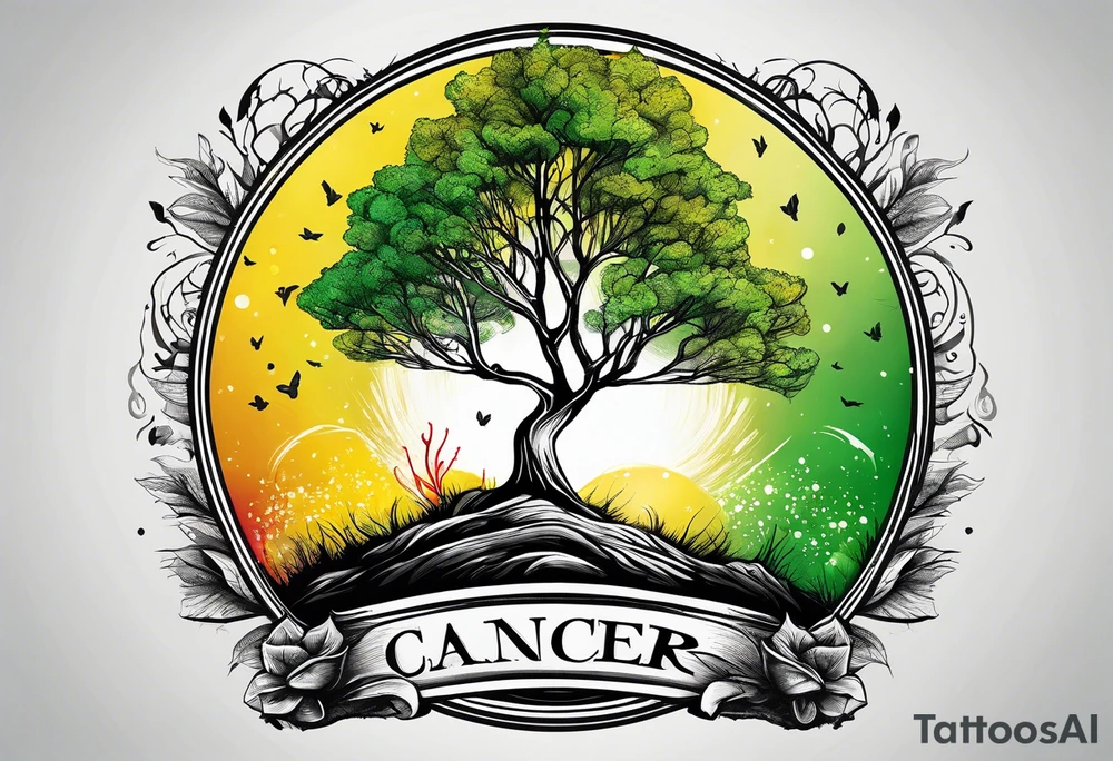 birch tree and includes the following wording "fuck cancer"
with yellow, green and red colours tattoo idea