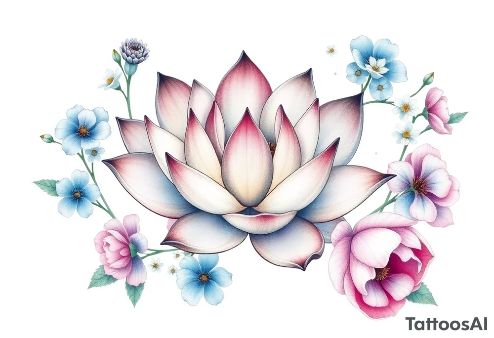 Lotus flower surrounded by forget me nots and peonies tattoo idea