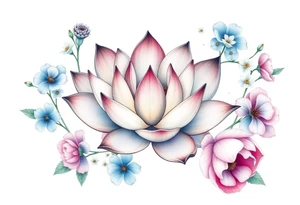 Lotus flower surrounded by forget me nots and peonies tattoo idea