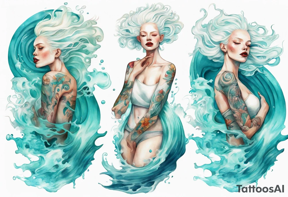 a tall albino woman made of water with turquoise hair sitting upon a wave tattoo idea