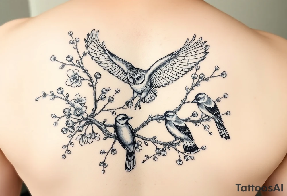 a fineline rowan tree branch with berries and florals. The florals should be large and the branches should have berries. add an owl in flight, plus two other birds (magpies) that are entwined in the branches tattoo idea