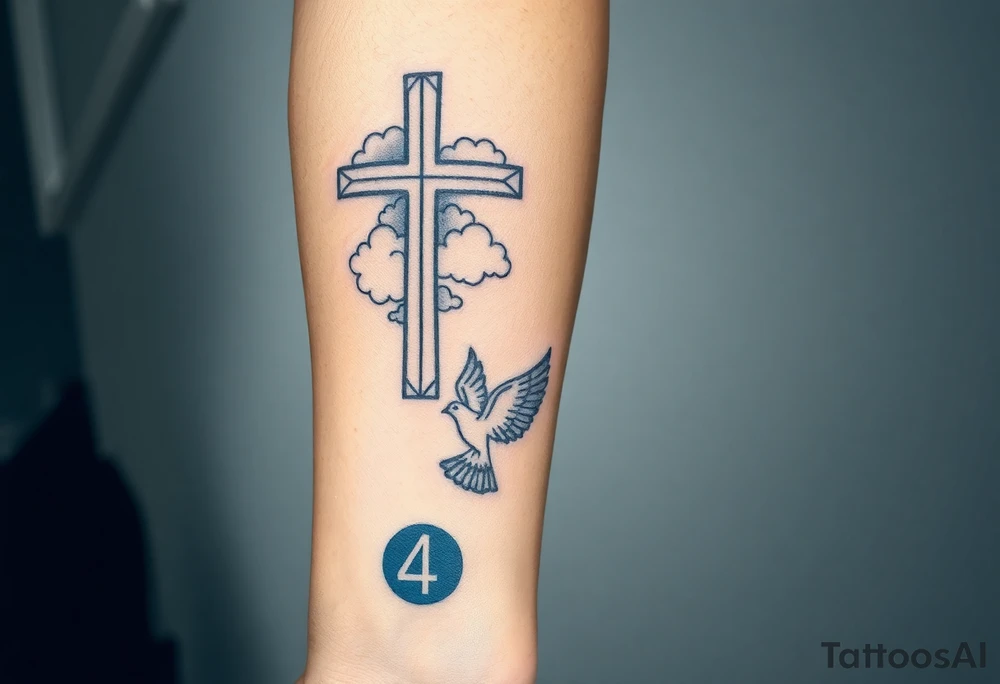 Big cross with clouds in the back with a dove a the bottom left of the forearm with a blue circle around it and the number 4 to the of the dove. tattoo idea