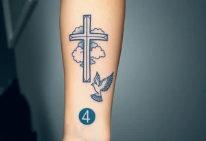 Big cross with clouds in the back with a dove a the bottom left of the forearm with a blue circle around it and the number 4 to the of the dove. tattoo idea