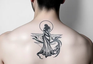 Elaphany with tribal woman standing in front of the ocean and moon tattoo idea
