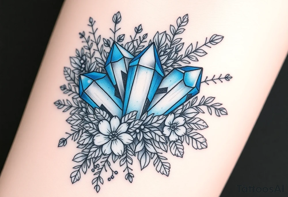 cluster of three vibrant blue crystals interwoven between foliage so that it looks like the leaves and foliage and flowers are weaving in and out and wrapping around the crystals. 

Surround these with a dense arrangement of black-and-grey foliage, flowers, and shrubs. The crystals should be faceted, standing out vividly in blue against the surrounding monochrome elements.

Integrate additional smaller crystal clusters (each with 3–4 crystals) throughout the foliage, but render these in fine black-and-grey linework so they blend naturally with the botanical elements. Use dotwork and fine shading for depth, with clean linework that balances organic foliage with the sharp geometry of the crystals.

All elements are black and grey except the main central crystal cluster, which is a striking blue. tattoo idea