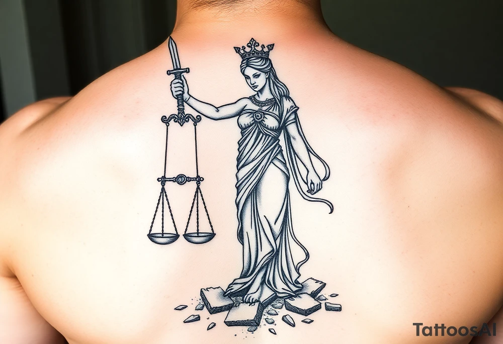 angry lady justice sword held high, broken scales under foot, sunlight shining on the darkness of injustice and corruption. ready to fight against the corruption of the system tattoo idea