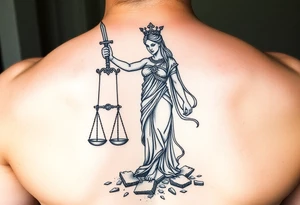 angry lady justice sword held high, broken scales under foot, sunlight shining on the darkness of injustice and corruption. ready to fight against the corruption of the system tattoo idea