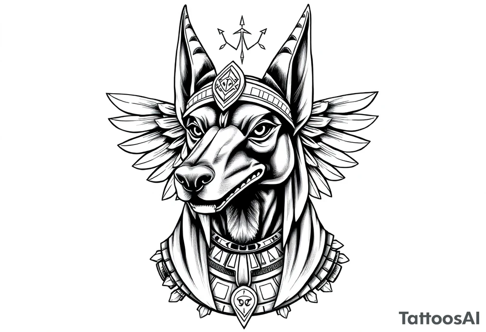 Egyptian Anubis god face muscle in Egypt style  with mantle on head with empty eyes 

dog face surrounded Egyptian symbols based on elements tattoo idea