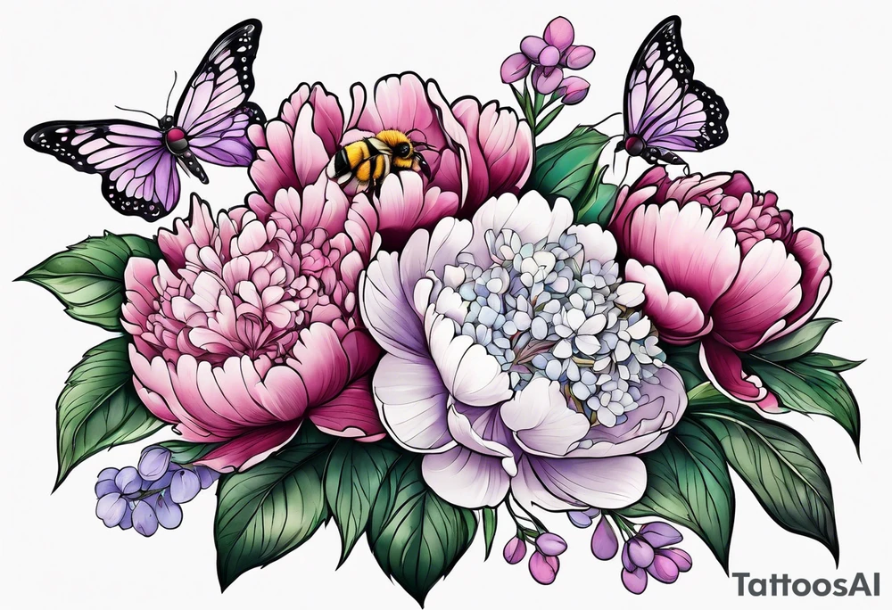 Bouquet of peony with hydrangea and leaves and a bumblebee lilac flowers tattoo idea