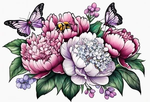Bouquet of peony with hydrangea and leaves and a bumblebee lilac flowers tattoo idea