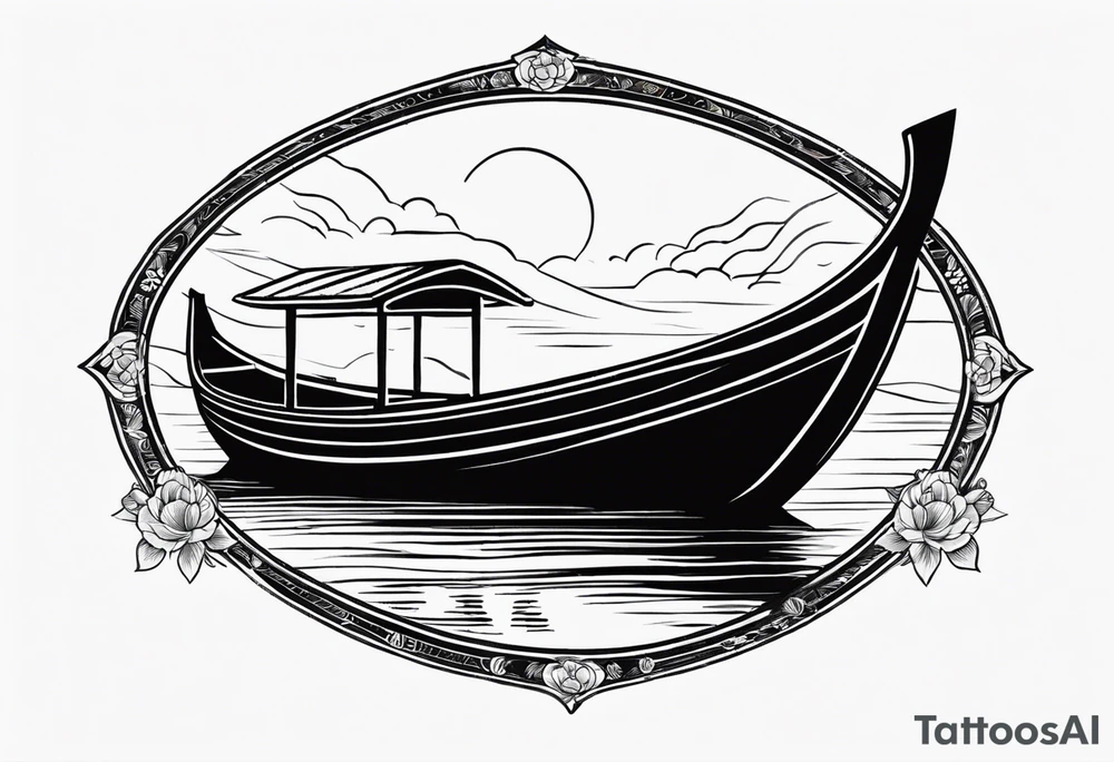 Create an oval-shaped frame inside the oval. At the center of the oval, place a traditional Thai long-tail boat decorated with flowers at its bow, as is customary. The boat should be floating on open water with gentle waves, and beneath the boat, under the water swimming turtle upside tattoo idea