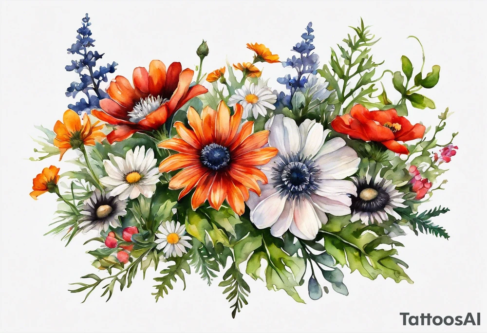 sideways oval of wildflowers cascading with thistles, ferns, white anemones, sun flowers, red flowers, black flowers, buttercups, orange flowers, babys breath and daisies all in watercolor tattoo idea