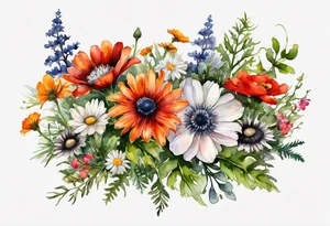 sideways oval of wildflowers cascading with thistles, ferns, white anemones, sun flowers, red flowers, black flowers, buttercups, orange flowers, babys breath and daisies all in watercolor tattoo idea