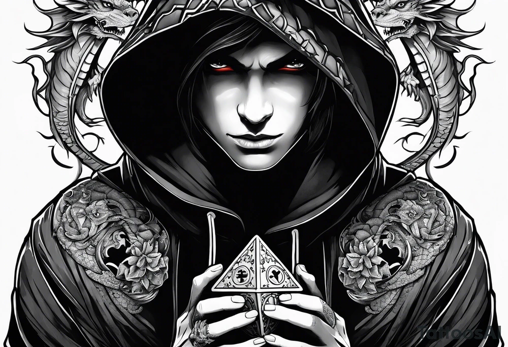 Hooded figure holding a D20, surrounded by a dragon tattoo idea