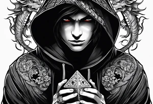 Hooded figure holding a D20, surrounded by a dragon tattoo idea