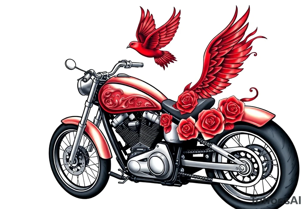 Motorcycle, red bird flying, roses and lace, flames tattoo idea