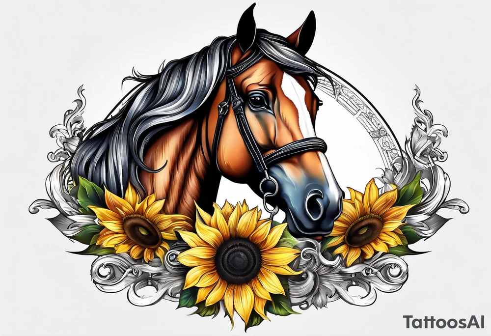 Horse, compass, sunflower tattoo idea