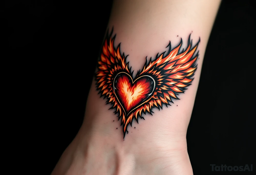 Flame-Encased Heart with Flaming Wings – A heart surrounded by orange and red flames, with fiery orange wings to reflect intense, burning love and passion. tattoo idea