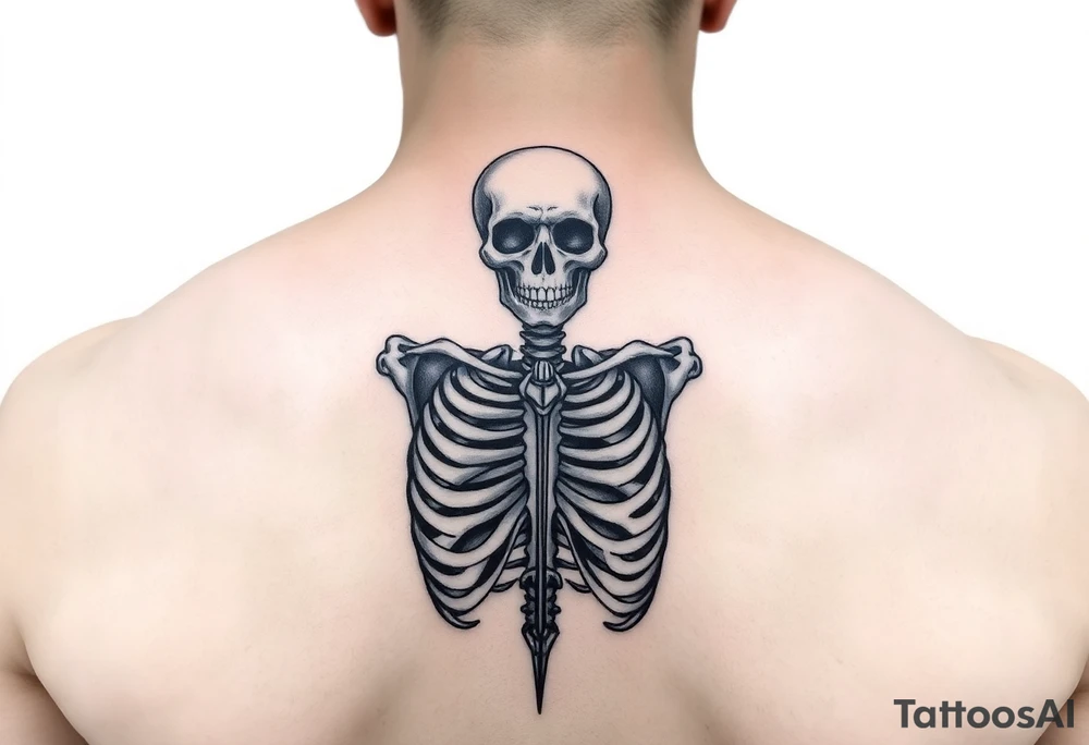 realistic skeleton with trident tattoo idea