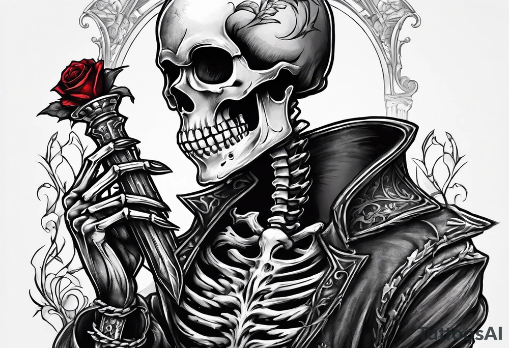 depressed skeleton holding his heart in his hand with a dagger through it tattoo idea
