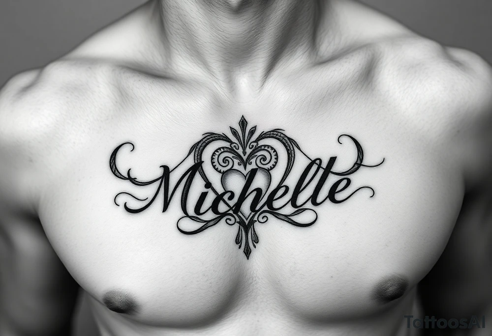 Create a tattoo on a man’s chest of the name Michelle. Claddagh heart tattoo idea