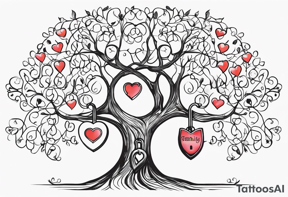 Family tree with lock and hearts with places to put names tattoo idea