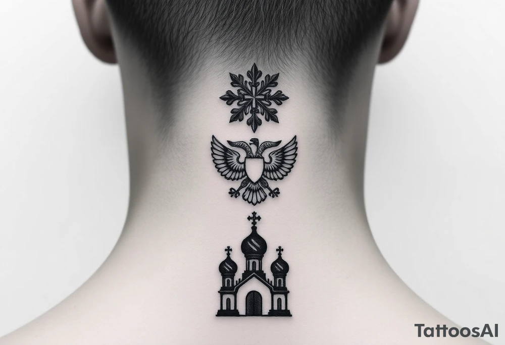 Stacked Vertical Column 

Russian star — small, bold
Middle: Miniature double-headed eagle — simplified, cleaner lines to suit the smaller space
Bottom: Orthodox church dome(s) with a small Virgin Mary silhouette beneath tattoo idea